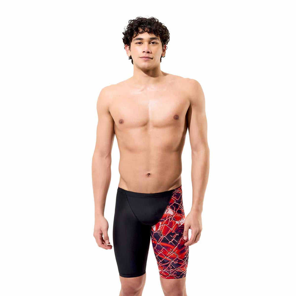 Speedo men's Fastskin LZR HyperPro printed jammers in black with electric veil design, designed for competitive swimming.