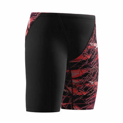 Speedo boys' Fastskin Junior LZR HyperPro printed jammer in black and electric veil, designed for competitive swimming.