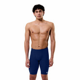 Speedo men's solid Endurance+ Max Jammer in Team Navy, close-up view of the navy-blue swim jammers with a sleek fit.