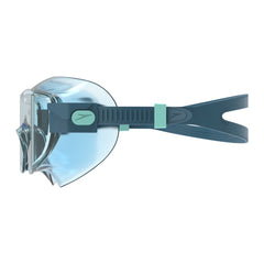 Speedo women's Aquapulse Pro mask goggles in translucent angelic blue and celeste, featuring adjustable straps and clear lenses.