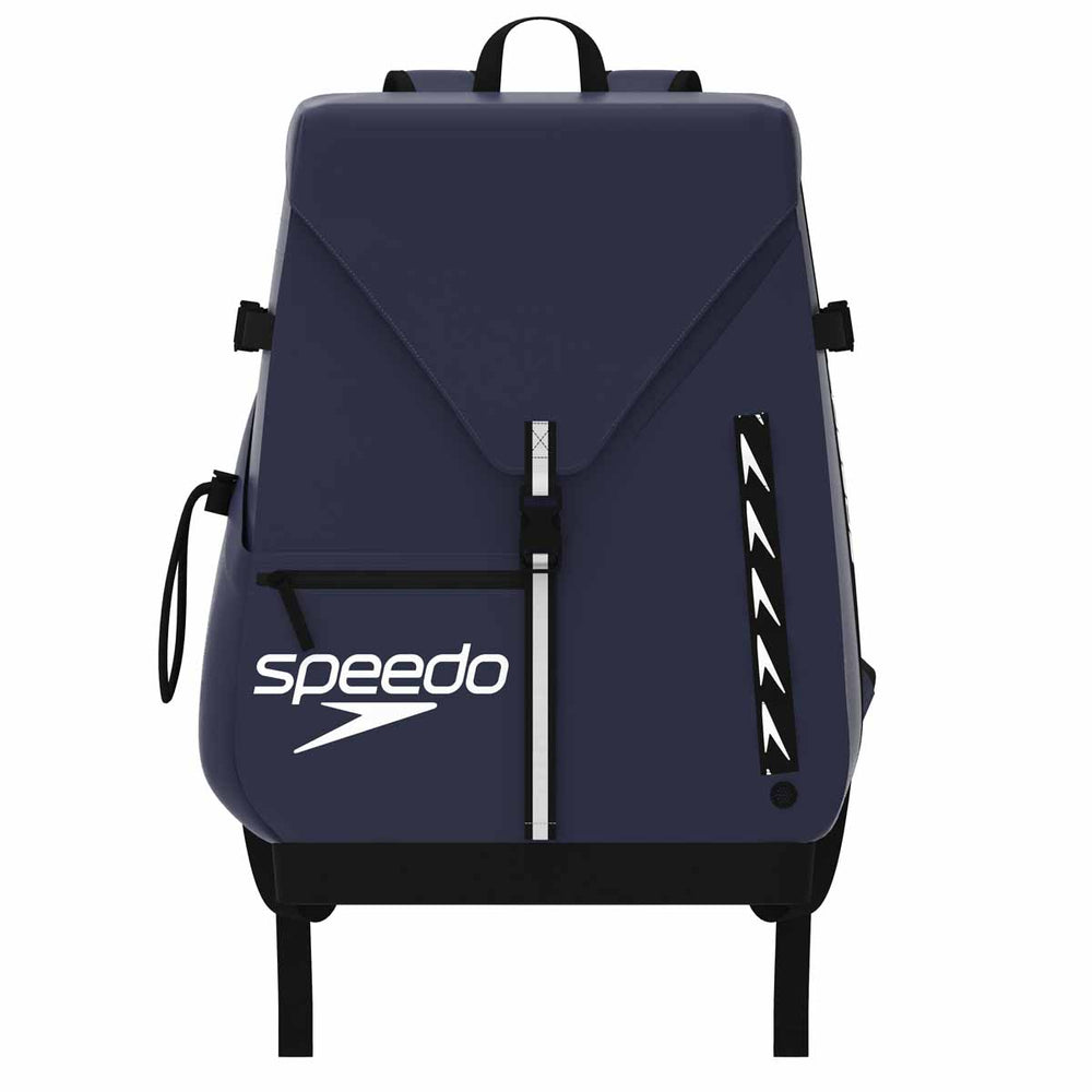 Speedo navy 45L Pro backpack with multiple compartments and adjustable straps, designed for swimmers and sports enthusiasts.