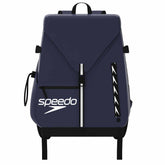 Speedo navy 45L Pro backpack with multiple compartments and adjustable straps, designed for swimmers and sports enthusiasts.