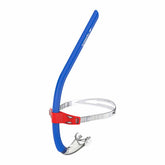 Speedo Pro Training Snorkel in blue and red, designed for swim training, with adjustable mouthpiece and flexible tube.