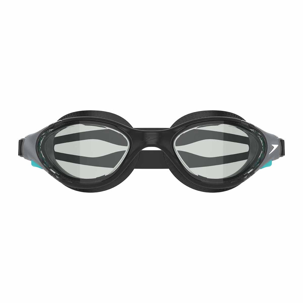 Speedo Biofuse 2.0 optical goggles in black and steel with adjustable straps and clear lenses for swimming.