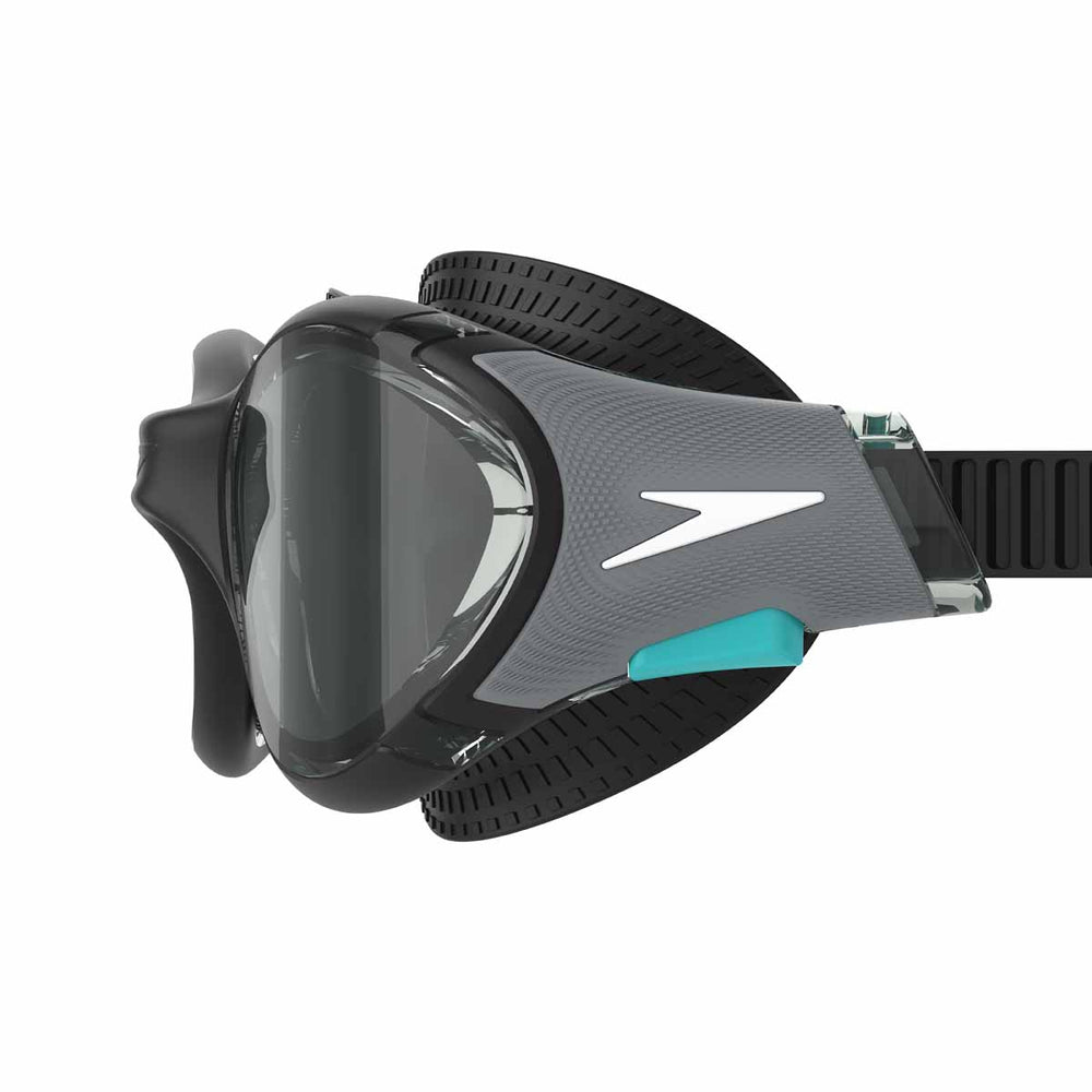 Speedo Biofuse 2.0 optical goggles in black and steel with adjustable straps and clear lenses for swimming.