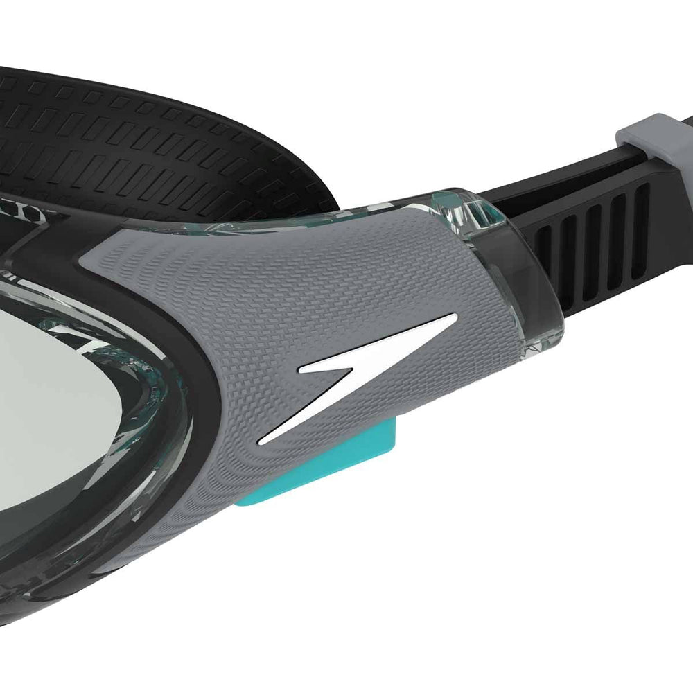 Speedo Biofuse 2.0 optical swimming goggles in black and steel with adjustable straps and clear lenses for enhanced vision.