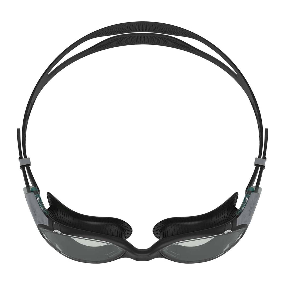 Speedo Biofuse 2.0 optical swimming goggles in black and steel with adjustable straps and clear lenses for comfortable vision.