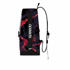 Speedo 35L Team Bag Limited Edition Splatter Matter Black backpack with multiple compartments and adjustable straps.