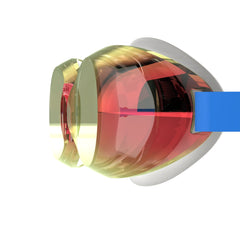 Speedo Junior Jet 2.0 mirrored swimming goggles in bondiblue, white, red, and flash orange, with adjustable straps and mirrored lenses.