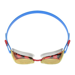 Speedo Junior Jet 2.0 mirrored goggles in Bondiblue, white, red, and flash orange with adjustable straps for kids' swimming.