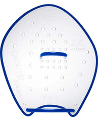 TYR Catalyst Stroke Training Paddle in clear, with ergonomic grip and large blade for swimming training, shown on a white background.