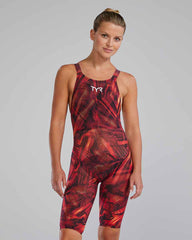 Red and orange TYR Avictor 2.0 Helux openback kneeskin for women, featuring sleek design and high-performance swimwear details.