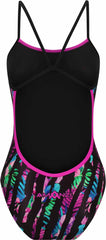 Amani girls Tropelle Proback one-piece swimsuit in multi-color with tropical print, featuring a sporty design and adjustable straps.