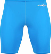 Amani Boys Azure Jammer swimming trunks in royal blue with white logo, close-up of the product on a plain background.