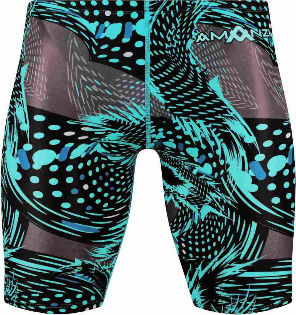 Amanzi men's Hyperdrive jammer in multi-color design, close-up view of the athletic swimwear with sleek fabric and branding.