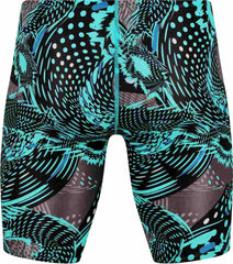 Amanzi men's Hyperdrive jammer in multi-color, close-up view showing sleek fabric and design for competitive swimming.