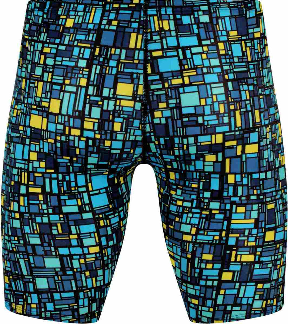 Amanzi Boys Matrix jammer in multi-color design, featuring a sleek swimwear style with colorful geometric patterns.