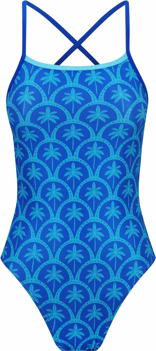 Amani girls' blue Arcana tie-back one-piece swimsuit with stylish design, perfect for swimming and beach activities.