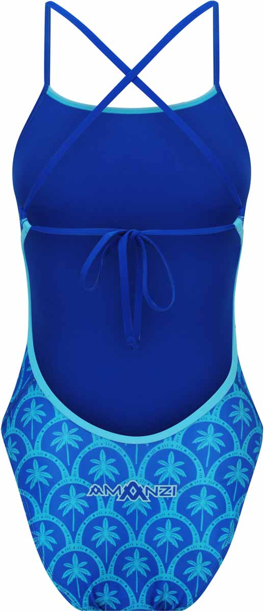 Amani Girls Arcana blue one-piece swimsuit with tie-back detail, suitable for swimming and beachwear.