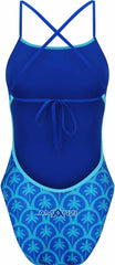 Amani Girls Arcana blue one-piece swimsuit with tie-back detail, suitable for swimming and beachwear.