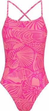 Pink Amanzi girls' Seaflair tie-back one-piece swimsuit with ruffle details, perfect for summer swimming and poolside fun.