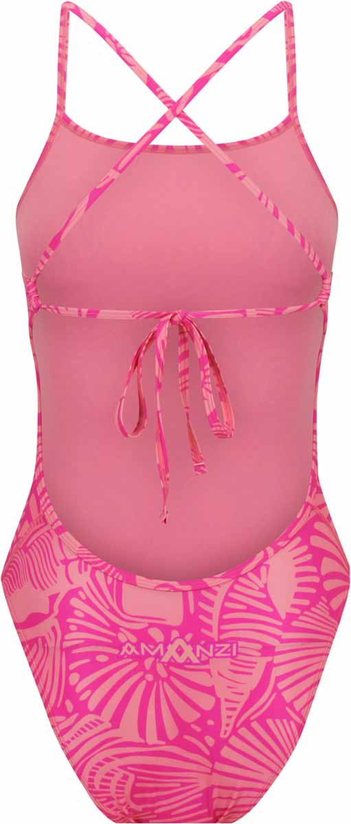 Pink Amanzi girls' Seaflair tie-back one-piece swimsuit with ruffle details and a stylish design for young swimmers.