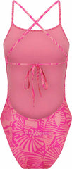 Amani women's Seaflair pink tie-back one-piece swimsuit with ruffled details, displayed on a mannequin.
