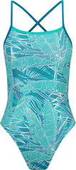 Amani girls' blue Aloha tie-back one-piece swimsuit with floral pattern, featuring a stylish tie-back design and comfortable fit.