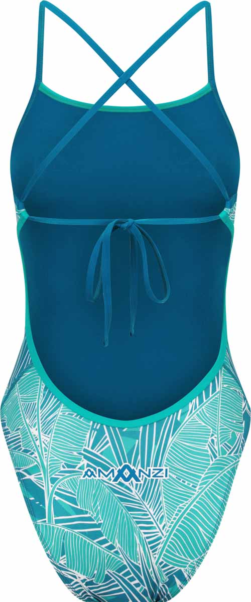 Amani girls Aloha blue tie-back one-piece swimsuit featuring a tropical print and adjustable straps, perfect for beach or pool.
