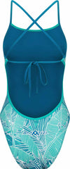 Amani girls Aloha blue tie-back one-piece swimsuit featuring a tropical print and adjustable straps, perfect for beach or pool.