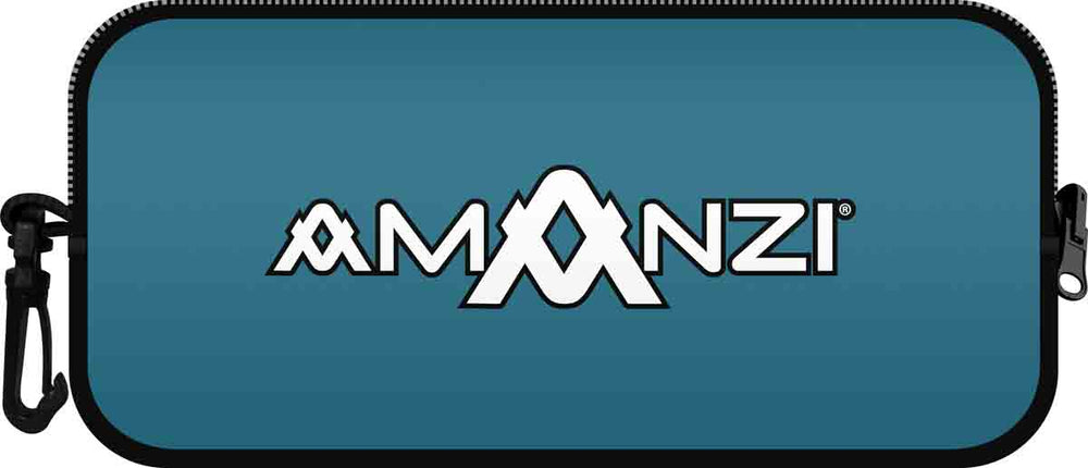Blue Amanzi Bermuda neoprene goggle case with zip closure, designed for protecting goggles during storage and travel.