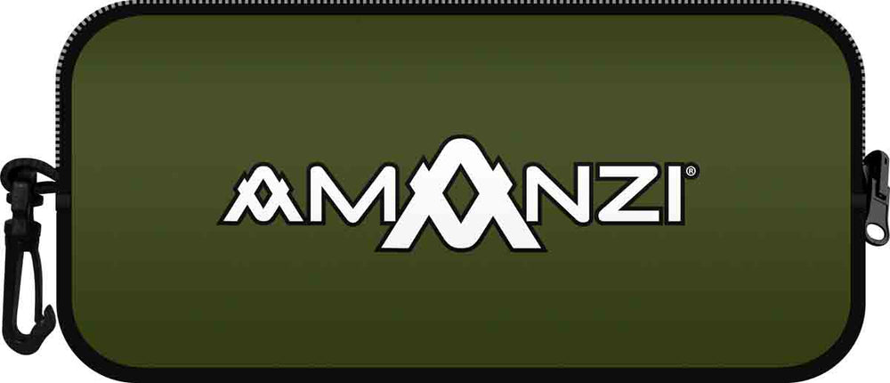 Amanzi Memphis neoprene goggle case in green, designed to protect and store swimming goggles securely.