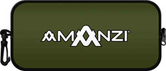 Amanzi Memphis neoprene goggle case in green, designed to protect and store swimming goggles securely.