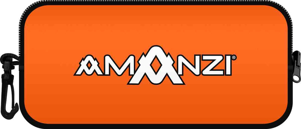 Orange Amanzi Sherbet neoprene goggle case with zipper closure, designed to protect and carry swimming goggles.