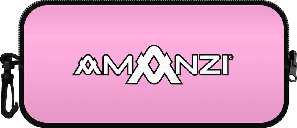 Amanzi Candy neoprene goggle case in pink with a colorful candy pattern, designed to protect sports goggles.