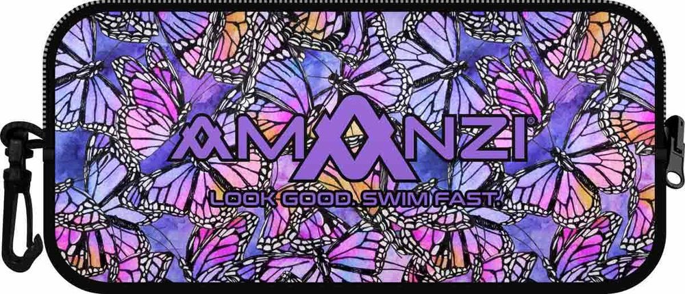 Amanzi Flutter neoprene goggle case in multi-color design, providing protective storage for goggles.