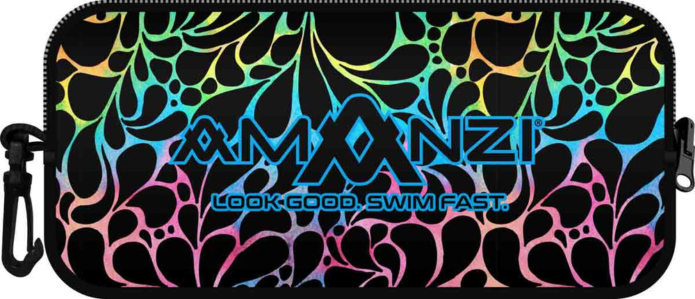 Amanzi Aquatica neoprene goggle case in multi-color, designed to protect swimming goggles from scratches and impacts.