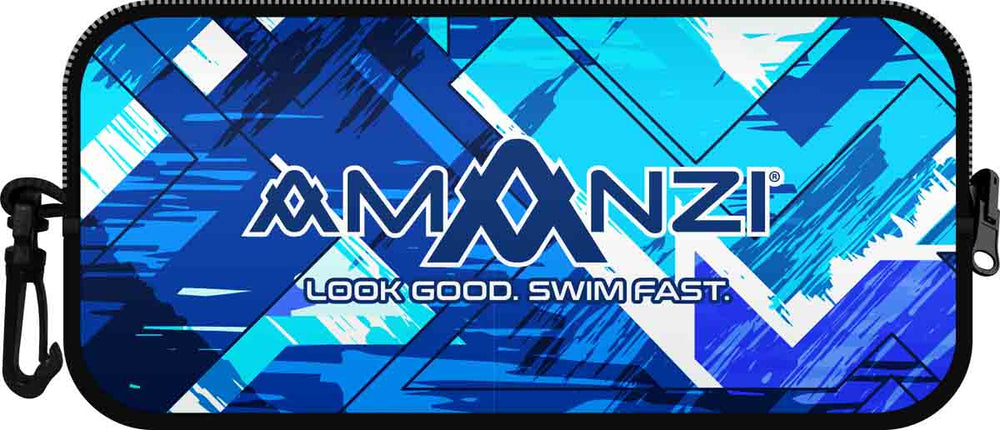 Amanzi Labyrinth blue neoprene goggle case with a textured labyrinth pattern and zipper closure for protective storage.