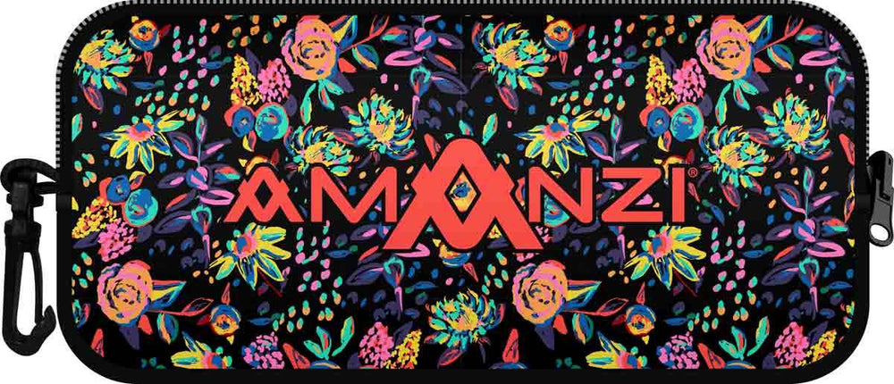 Amanzi Bloomfields neoprene goggle case in multi-color with a floral pattern, designed to protect goggles.