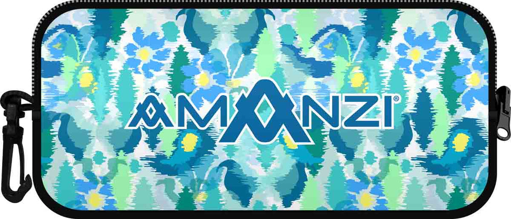 Amanzi Reflections neoprene goggle case in multi-color with zipper closure, designed to protect swim goggles.