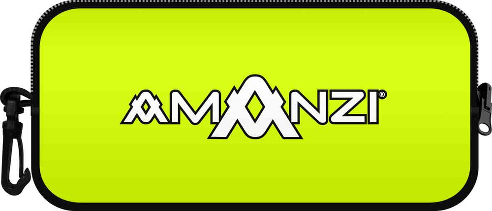 Amanzi Glow neoprene goggle case in bright yellow with secure zipper closure, designed for storing and protecting goggles.