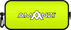 Amanzi Glow neoprene goggle case in bright yellow with secure zipper closure, designed for storing and protecting goggles.