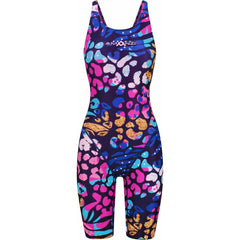 A woman wearing the Amanzi Nomara Active Kneesuit in multi-color, showing the fitted athletic design and vibrant pattern.