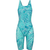 Amani Girls Aloha Active Kneesuit in blue, featuring a tropical print, perfect for swimming and active wear.