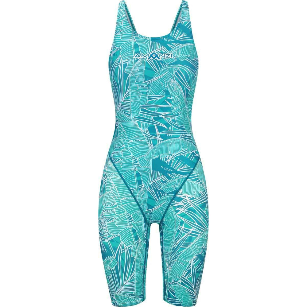 Amanzi women's Aloha active kneesuit in blue, featuring a fitted design with colorful tropical patterns for swimming or water sports.
