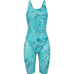 Amanzi women's Aloha active kneesuit in blue, featuring a fitted design with colorful tropical patterns for swimming or water sports.