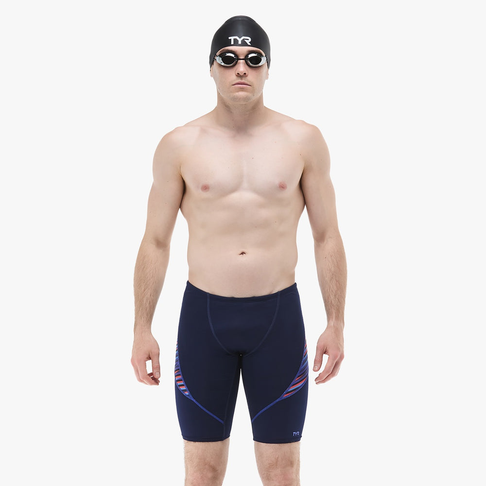 TYR men's Zollner Curve Splice jammer in navy, red, and blue with a sleek design, suitable for competitive swimming.