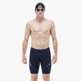 TYR men's Zollner Curve Splice jammer in navy, red, and blue with a sleek design, suitable for competitive swimming.