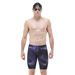 TYR men's Hodori jammer swimwear in smoke and black, featuring a sleek fit and durable fabric for competitive swimming.