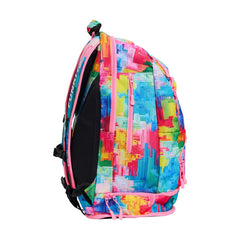 Way Funky Falling Colours Elite Squad backpack with vibrant multicolor design, featuring adjustable straps and spacious main compartment.
